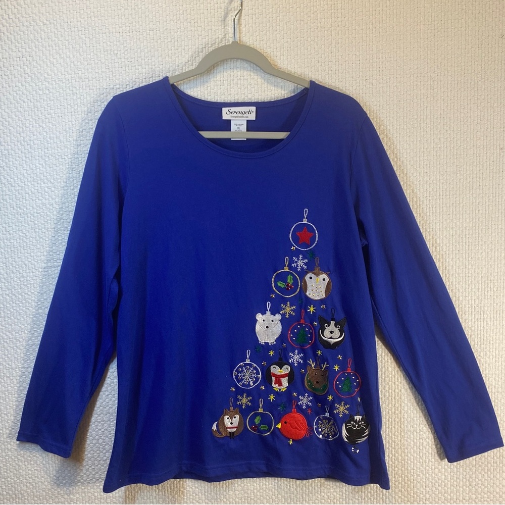 Serengeti Women's XL Long Sleeve Blue Embroidered Tree Christmas Office Party